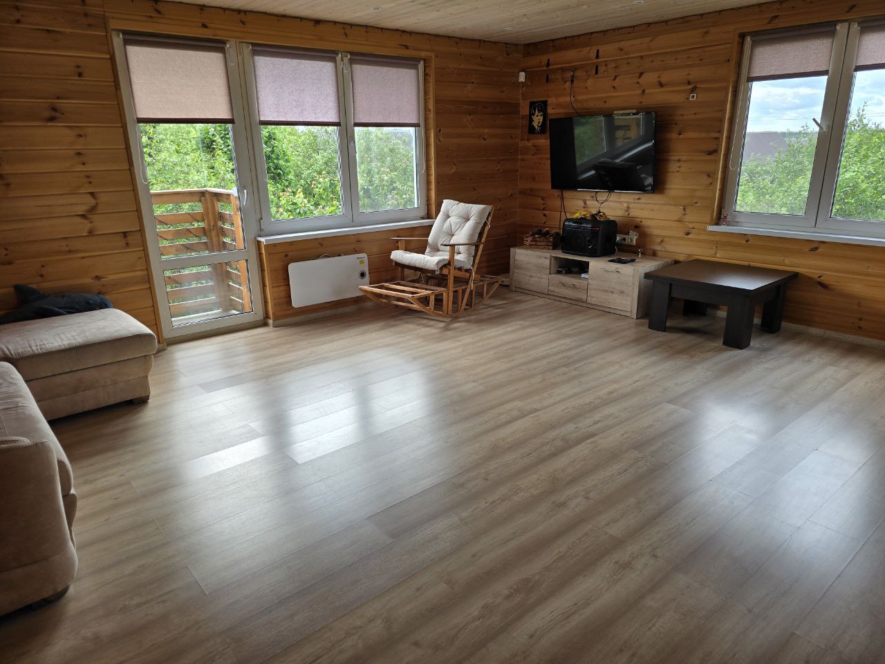 alt="Гостиная коттеджа: диван-кровать, Smart TV"